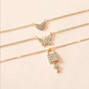 Set of 3 - Rhinestone Lock, Butterfly, Heart Layered Necklace
